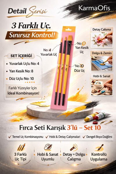 KarmaOfis 3-Piece Mixed Paint Brush Set Set 10 – Round, Side Cut, and Flat Ti...