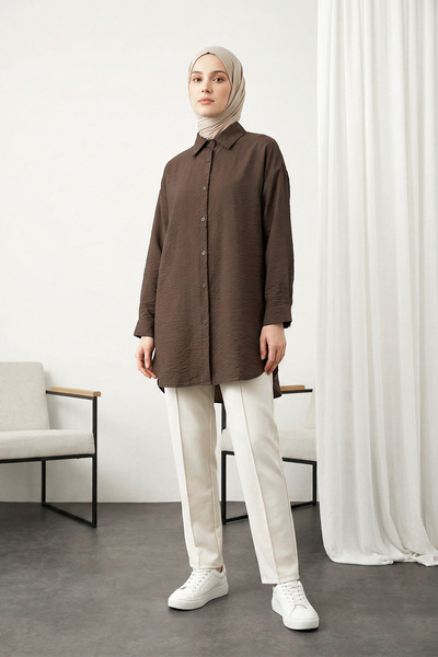 MODAQU Buttoned Modal Fabric Brown Shirt