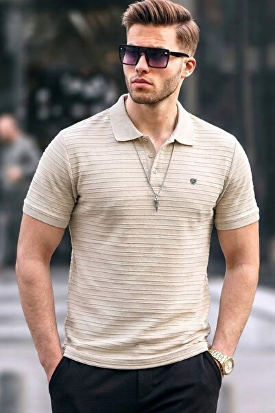 COMBİNE MİCHAİL Men's Basic Cream Comfort Polo Neck T-Shirt