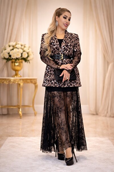 Yeşilmoda Leopard Printed Piece Jacket Tulle Skirt Set – Belt Detail , Lace S...