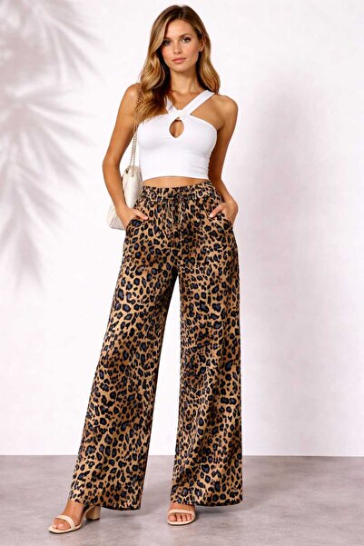 kikiriktekstil 10939 Women's High Waist Palazzo Satin Trousers with Elastic W...