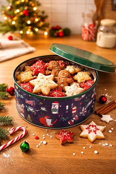 ela777 Christmas Themed Metal Cookie Storage Container Round Metal Box 19*9 cm
