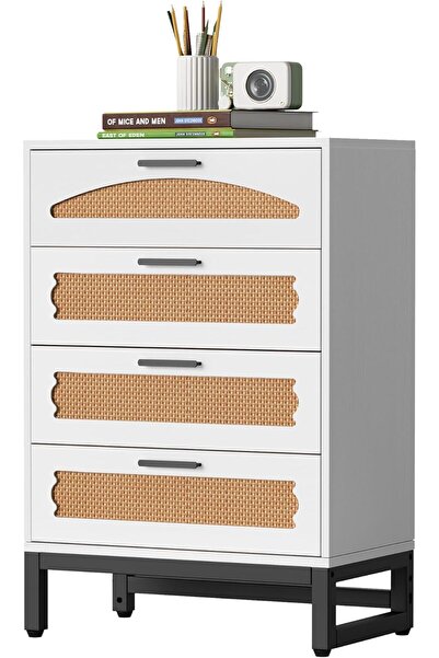 OEM Comodă albă cu 4 sertare, stil ratan – 65x34x85 cm, bază metalică, certif...