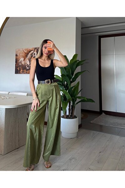 Dilvin 72206 Pileli Saten Geniş Pantolon- Yeşil