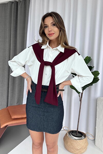 Mine Tan Butik Shoulder Detail Women's Shirt - Claret Red