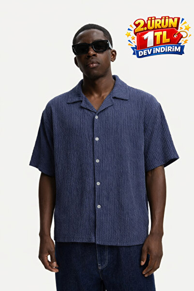 DAMGA JEANS Men's Summer Oversized Navy Blue Linen Shirt
