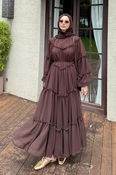 Salih Çelebi Chiffon Ruffle Dress Y0063 - Brown