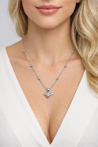 Tuncel Store Silver Color Wing Heart Model Ball Chain Steel Necklace - 3847