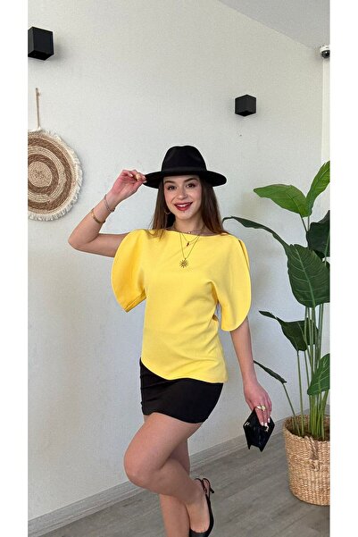 modadagiyim Women's Blouse with Balloon Sleeves and Window Detail, Atlas Fabr...