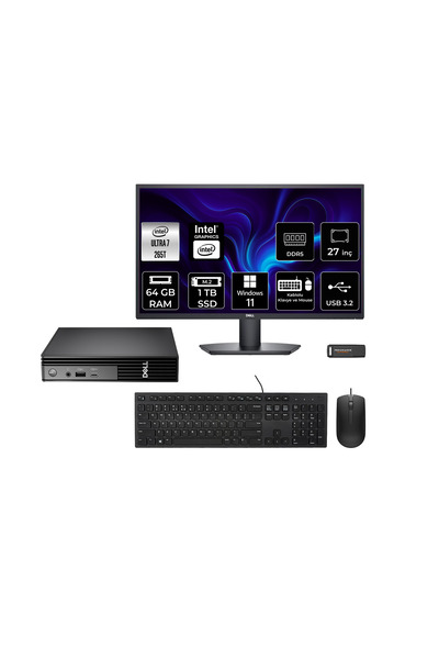Dell Pro Micro QCM1250 Ultra 7 265T 64GB 1TB SSD 27" Monitör W11H Mini Masaüstü Bilgisayar