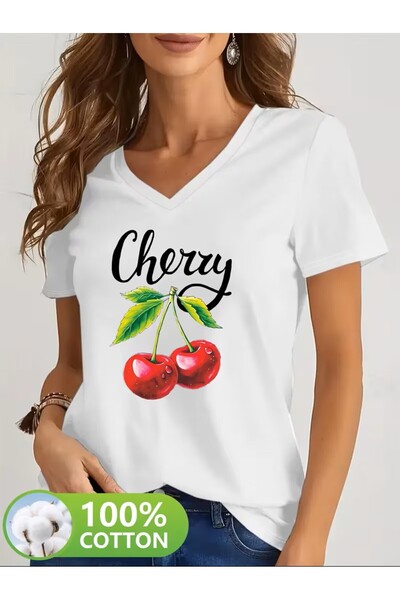 yombaa Short Sleeve V-Neck T-Shirt, Sweet Cherry Patterned