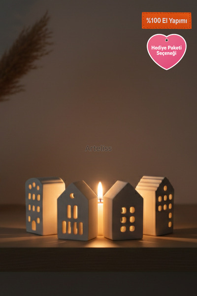 Arteliss Mini Işıklı Evler 4'lü Mumluk Seti — Dekoratif Ev Obje Şamdan | Salo...