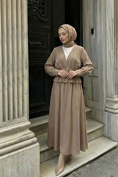 LİNA TESETTÜR Kadın Özel Kumaş Düğme Detaylı Etekli ikili takım