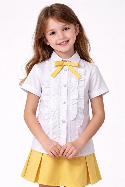 Nacar Kız Çocuk Fiyonklu Fırfırlı Dantel Detaylı Beyaz Gömlek 23 Nisan 29 Eki...