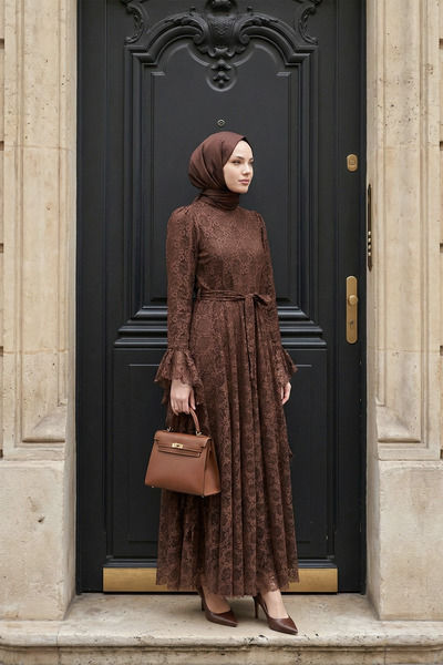 MODAQU Hakim Collar Belted Lined Patterned Lace Dress Brown