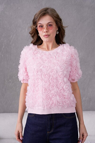 Noi Belis Rose Detailed Crew Neck Knitwear Blouse Ss26Bz0036