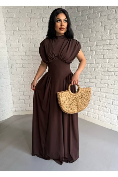 moneta boutique Women's Padded Shoulders Long Backless Dress