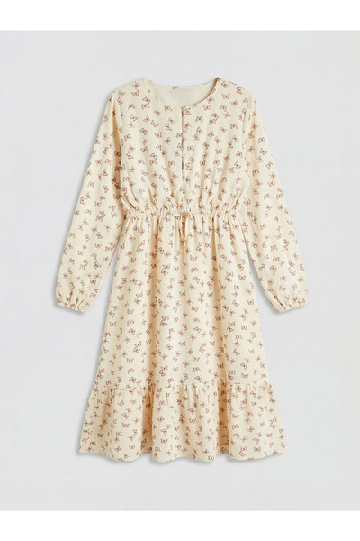 LC Waikiki Lcw Kids Beige Crew Neck Patterned Girls' Dress