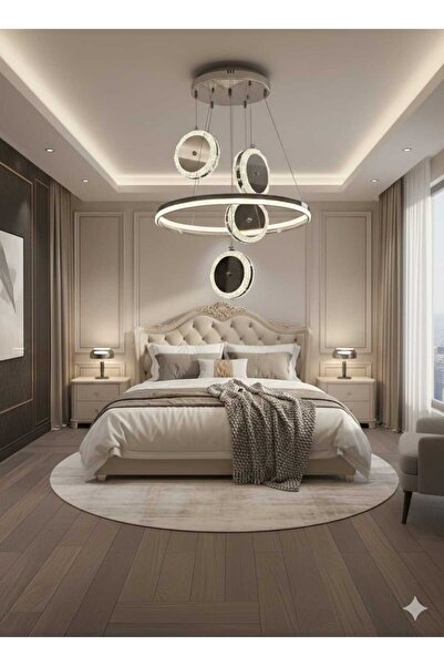 Bohem Aydınlatma Krom Çift Çember 4'Lü Sarkıt 3 Renk LED Modern Salon Avizesi