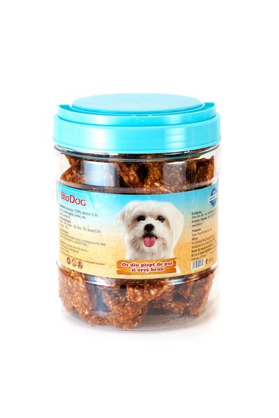 Biodog RECOMPENSE PENTRU CAINI OS DIN PIEPT DE PUI SI OREZ BRUN 500G/CF-02H