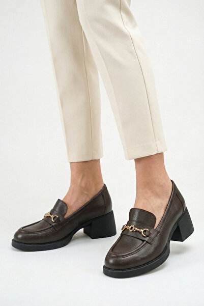 GRADA Γνήσιο δερμάτινο καφέ γυναικεία παπούτσια με τακούνι, χρυσή μεταλλική α...