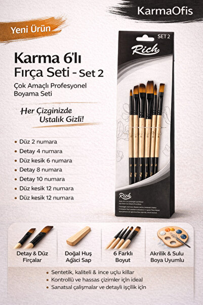 KarmaOfis 6-Piece Mixed Brush Set Set 2–Detail, Flat and Flat Cut Tip Profess...