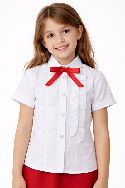 Nacar Kız Çocuk Fiyonklu Fırfırlı Dantel Detaylı Beyaz Gömlek 23 Nisan 29 Eki...