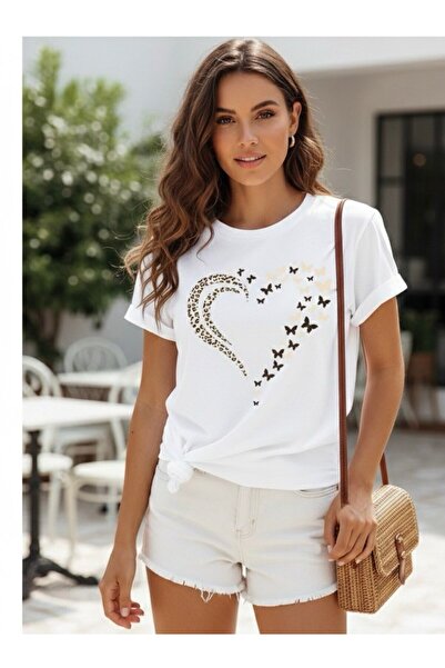 GKN FASHİON Unisex Heart Leopard Butterfly Detailed Basic T-Shirt Summer Style