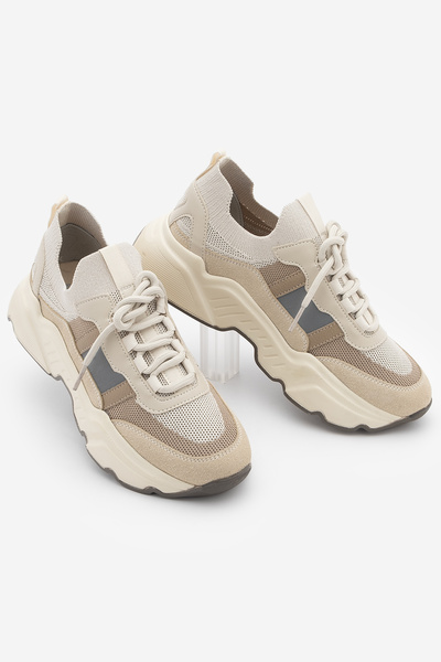 Marjin Women's Sneakers High Sole Knitwear Sports Shoes Volente Beige Suede