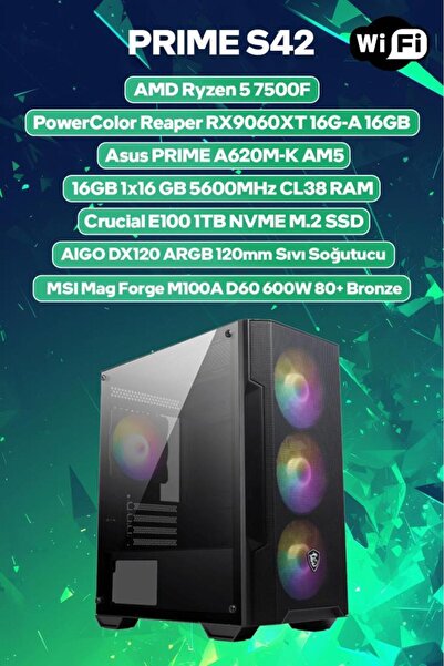 Game Garaj Prime S42 AMD Ryzen 5 7500F 16GB RAM 1TB SSD RX9060XT 16GB 120mm S...