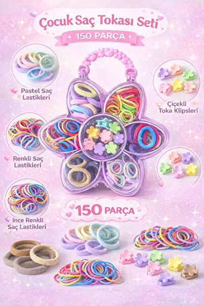 elvome Çocuk Saç Tokası Seti Çiçek Çanta Kutulu 150 Parça Hediyelik Toka Seti