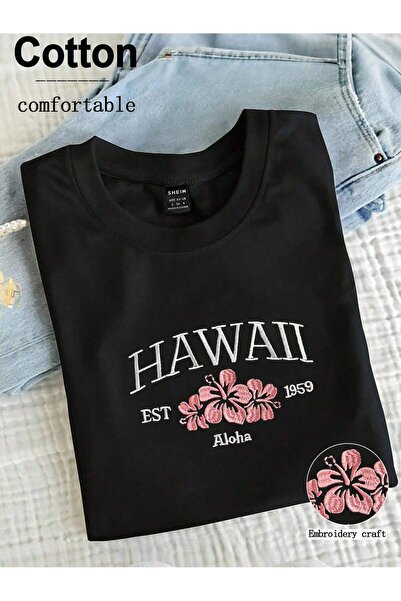 PENTHİLUS تي شيرت هاواي كولوريد تروبيك مطبوع - تي شيرت صيفي بتفاصيل مطرزة بأل...