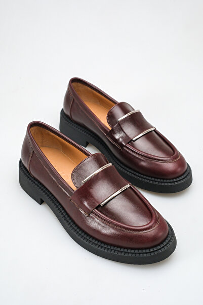 GRADA Koyu Bordo Hakiki Deri Kadın Tokalı Loafer Ayakkabı Bordo Efektli Gerçe...