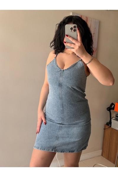 dessi butik Mavi İp Askılı V Yaka Kot Kadın Elbise