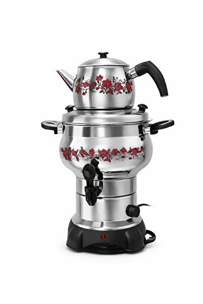 Armağan Elit Electric Samovar - 4.5 Liters - Black Metal Parts - Rose Pattern