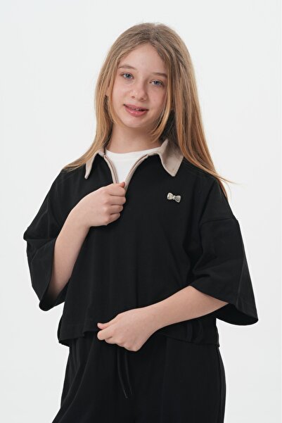 HayKids Girl's Black Lace Detailed Bow Printed Wide Leg Tracksuit Set