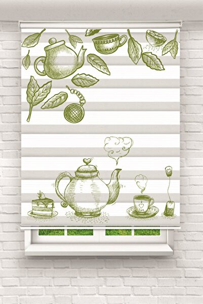 BASKICINIZ Yeşil Tonlarda Çay Takımı ve Yaprak Desenli Zebra Perde – YZN-1066