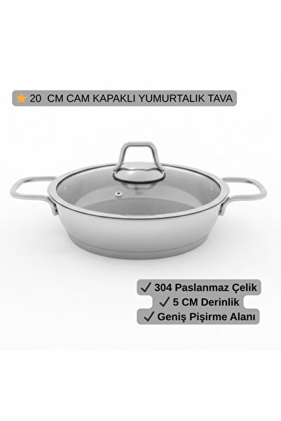 DAMMERUN 20 cm 304 Stainless Steel Egg Pan with Glass Lid – 5 cm Leather Inch...