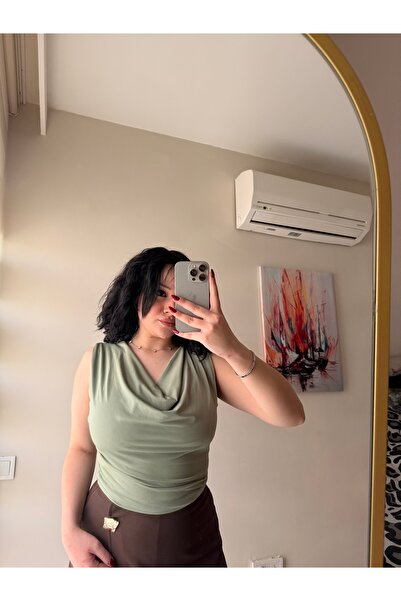 dessi butik Haki Degaje Yaka Likralı Sandy Kadın Bluz