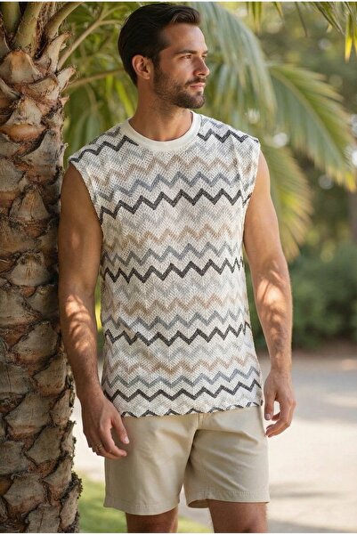 MADZEYMODA Anthracite Zigzag Striped Men's Retro Patterned Crew Neck Merceriz...