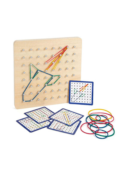 Small Foot Joc educativ din lemn, Placă Geoboard cu elastice și planșe cu ima...