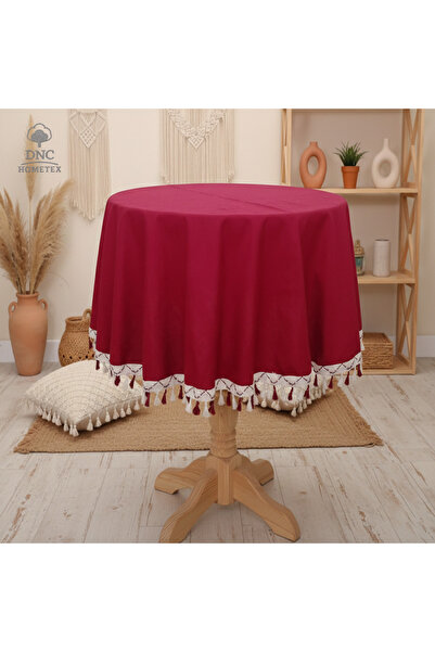 DNC home tekstil Premium Linen Burgundy Round Pompom Tablecloth