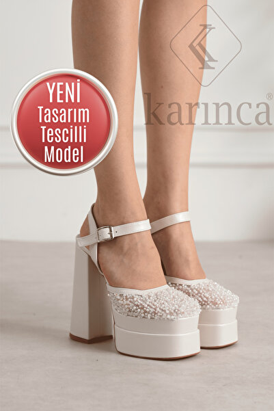 Karınca Special Design Bridal Shoes - Block Heel Pearl Detailed 15-16 cm Wedd...