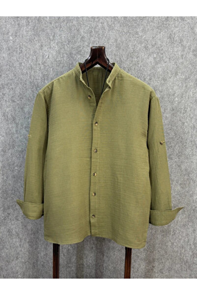 FıttingRoom Oversized Apolet Folded Cotton Muslin Khaki Judge Collar Shirt