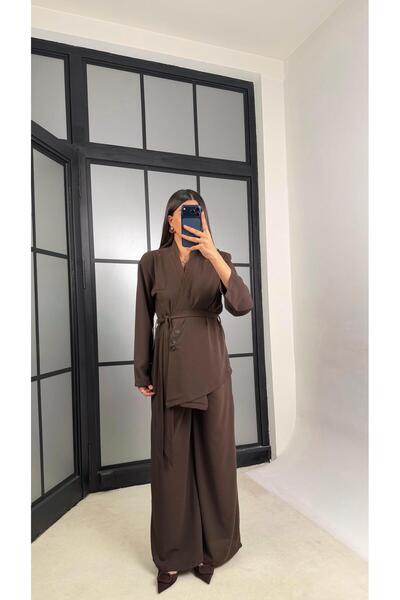 Gaus Acı Kahve Vatkalı Düğme Detaylı Belden Kuşaklı Ceket Beli Lastikli Panto...