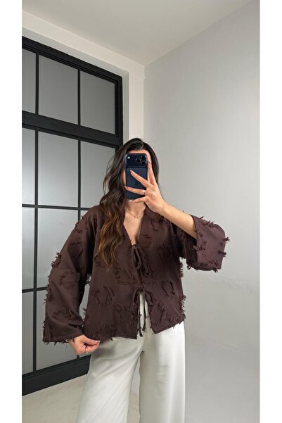 Gaus Acı Kahve Zenit Püskül Detaylı Bağlamalı Keten Gömlek GAUS-01147