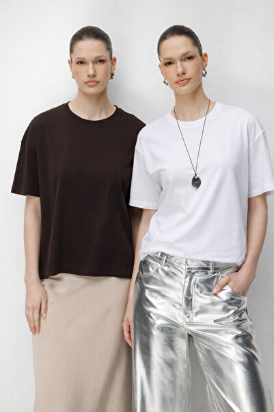 Mixray 48522 Жіноча футболка оверсайз з розрізом, 100% бавовна, 2 шт., кавово...