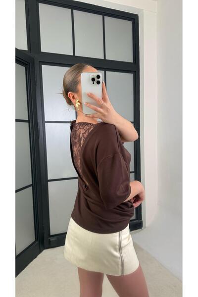 Gaus Kahverengi Arkası Dantel Detaylı Modal Tshirt gaus-01211