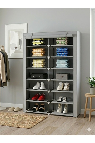 Missidea 2 Bölmeli Metal Profilli Bez Dolap Ayakkabılık Gri