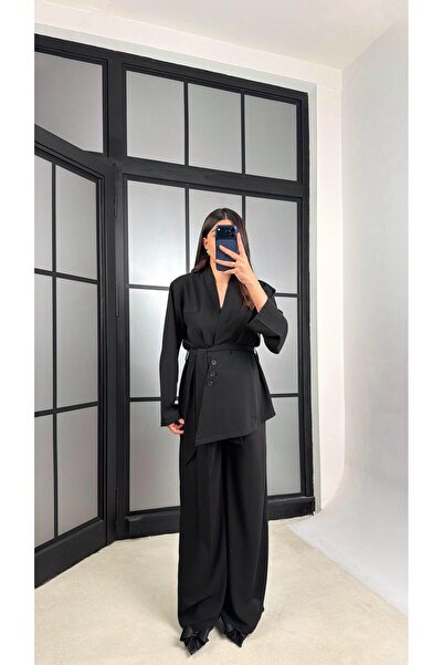 Gaus Siyah Vatkalı Düğme Detaylı Belden Kuşaklı Ceket Beli Lastikli Pantolon ...